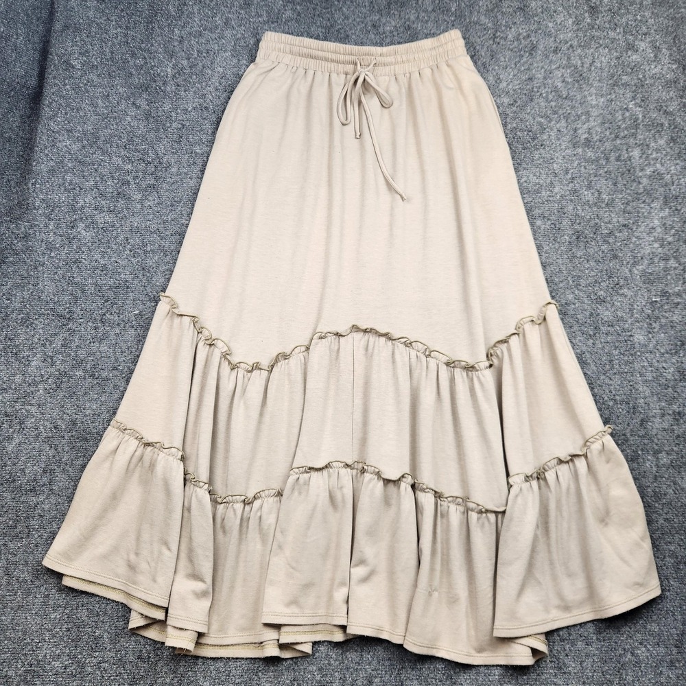 Three Bird Nest Skirt Womens Large Beige Tiered Peasant Maxi Boho Drawstring